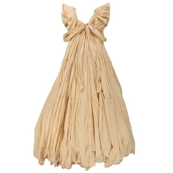 ERIKA PENA Vale Ruffled Maxi Dress with Sleeves Romantic Tiered Boho Sand Beige - Picture 2 of 6